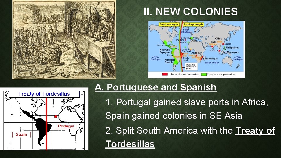 II. NEW COLONIES A. Portuguese and Spanish 1. Portugal gained slave ports in Africa,