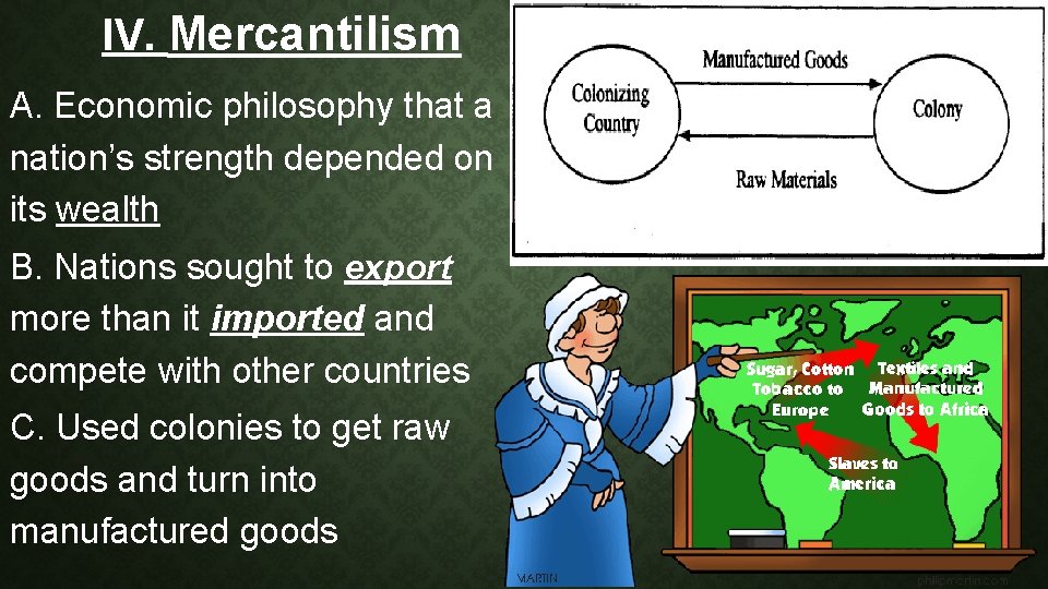 IV. Mercantilism A. Economic philosophy that a nation’s strength depended on its wealth B.