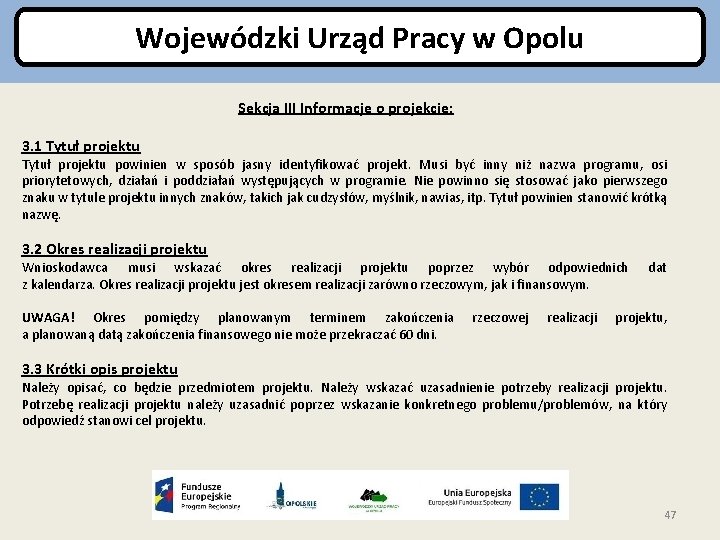 Wojewódzki Urząd Pracy w Opolu Sekcja III Informacje o projekcie: 3. 1 Tytuł projektu