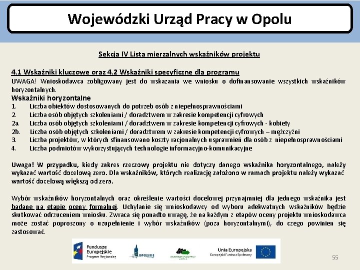 Wojewódzki Urząd Pracy w Opolu Sekcja IV Lista mierzalnych wskaźników projektu 4. 1 Wskaźniki