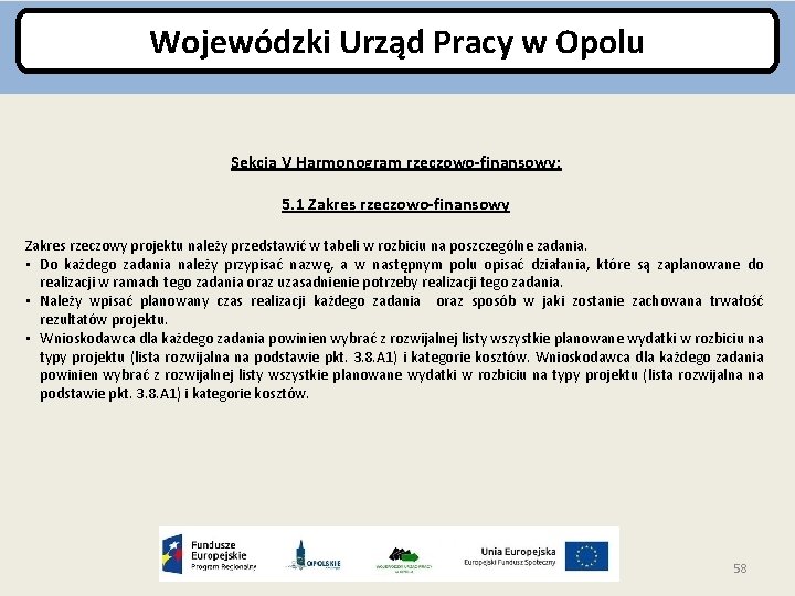 Wojewódzki Urząd Pracy w Opolu Sekcja V Harmonogram rzeczowo-finansowy: 5. 1 Zakres rzeczowo-finansowy Zakres