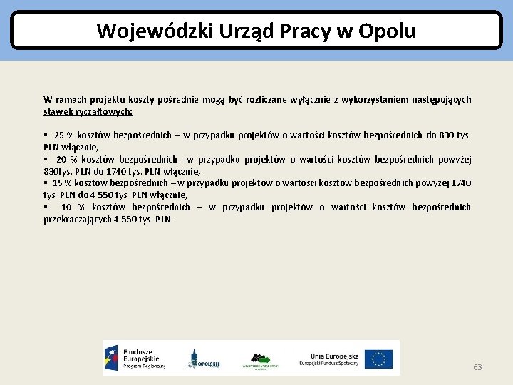 Wojewódzki Urząd Pracy w Opolu W ramach projektu koszty pośrednie mogą być rozliczane wyłącznie