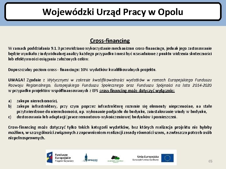 Wojewódzki Urząd Pracy w Opolu Cross-financing W ramach poddziałania 9. 1. 3 przewidziano wykorzystanie