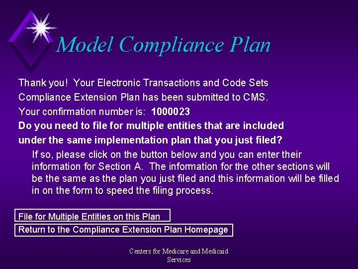 Model Compliance Plan Thank you! Your Electronic Transactions and Code Sets Compliance Extension Plan