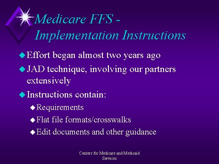 Medicare FFS Implementation Instructions u Effort began almost two years ago u JAD technique,