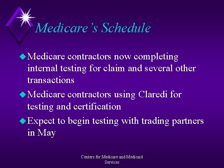 Medicare’s Schedule u Medicare contractors now completing internal testing for claim and several other
