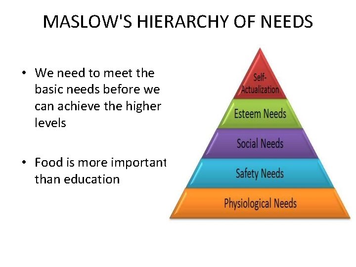 MASLOW'S HIERARCHY OF NEEDS • We need to meet the basic needs before we
