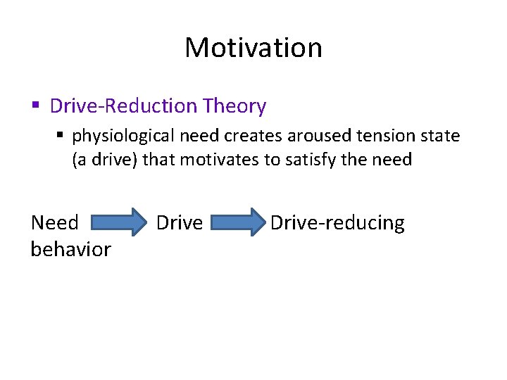 Motivation § Drive-Reduction Theory § physiological need creates aroused tension state (a drive) that