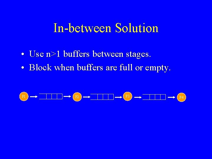 In-between Solution • Use n>1 buffers between stages. • Block when buffers are full