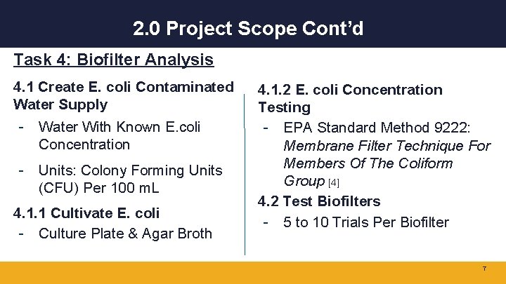 2. 0 Project Scope Cont’d Task 4: Biofilter Analysis 4. 1 Create E. coli