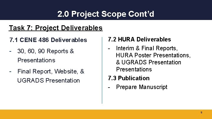 2. 0 Project Scope Cont’d Task 7: Project Deliverables 7. 1 CENE 486 Deliverables