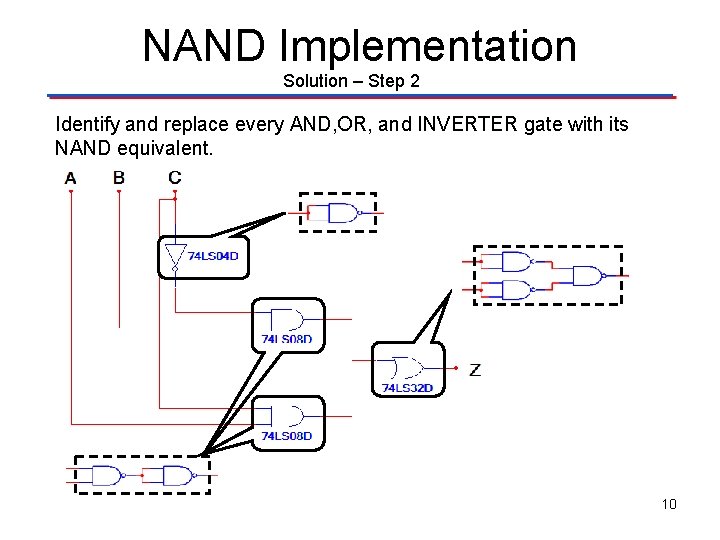 NAND Implementation Solution – Step 2 Identify and replace every AND, OR, and INVERTER