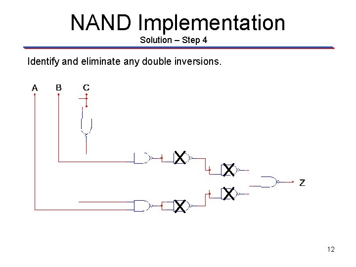 NAND Implementation Solution – Step 4 Identify and eliminate any double inversions. 12 