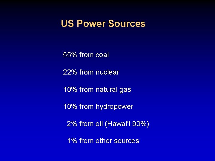 US Power Sources 55% from coal 22% from nuclear 10% from natural gas 10%