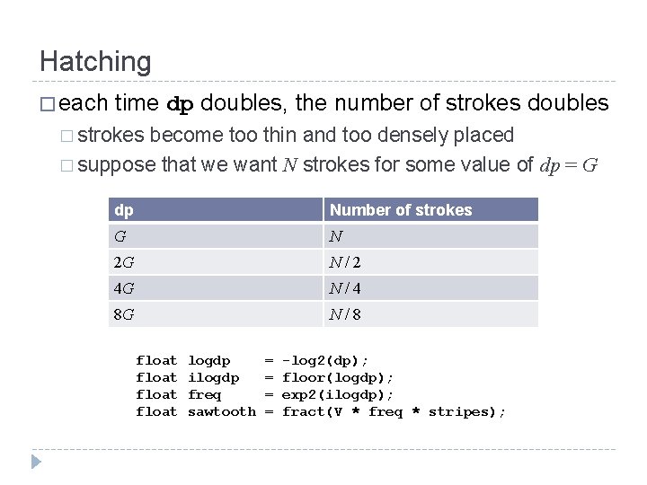 Hatching � each time dp doubles, the number of strokes doubles � strokes become