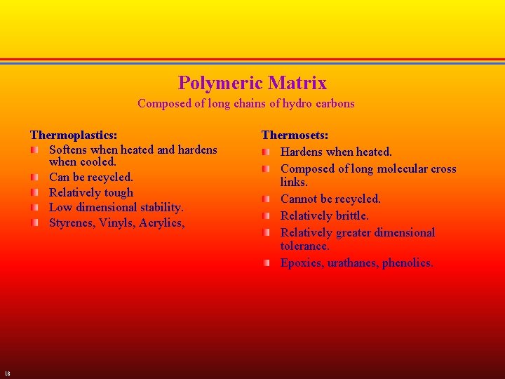 Polymeric Matrix Composed of long chains of hydro carbons Thermoplastics: Softens when heated and