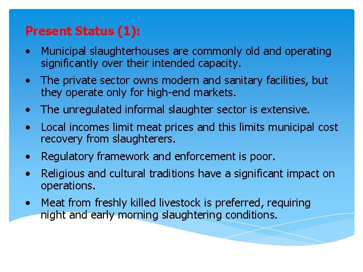 Present Status (1): • Municipal slaughterhouses are commonly old and operating significantly over their