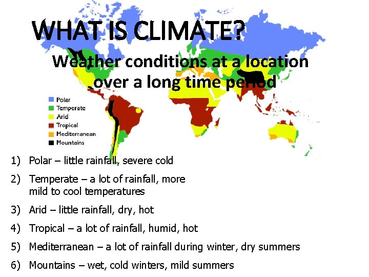 WHAT IS CLIMATE? Weather conditions at a location over a long time period 1)