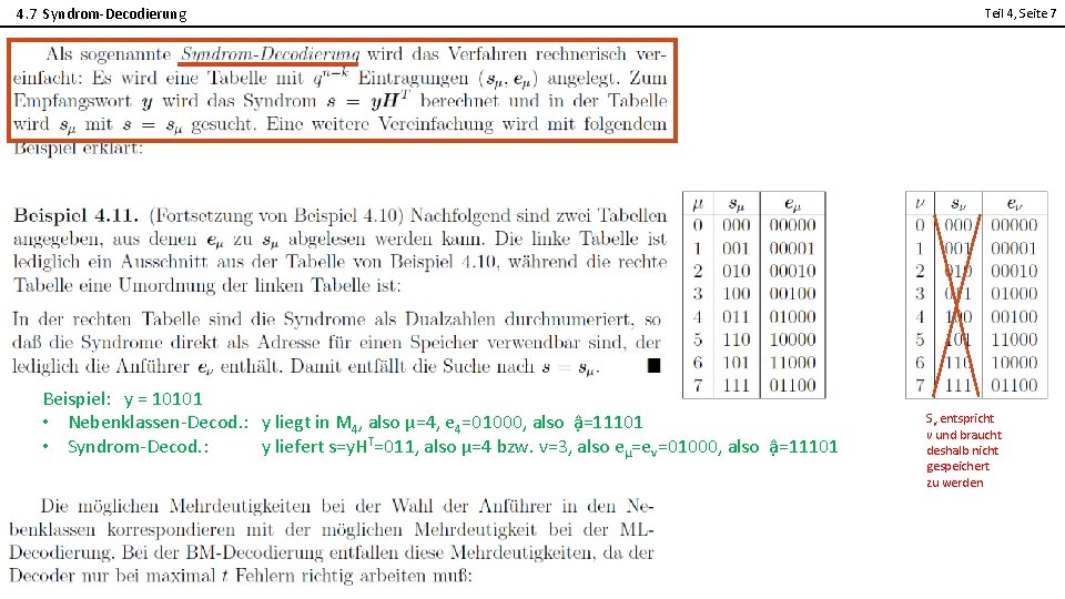 4. 7 Syndrom-Decodierung Teil 4, Seite 7 2 Beispiel: y = 10101 • Nebenklassen-Decod.