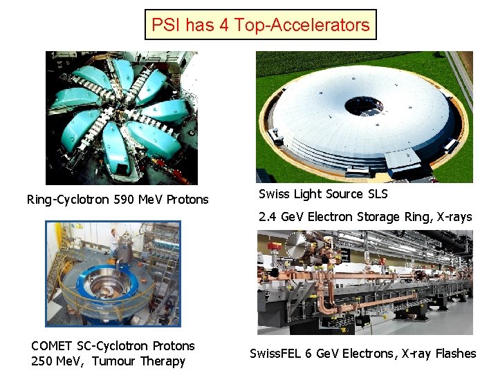 PSI has 4 Top-Accelerators Ring-Cyclotron 590 Me. V Protons Swiss Light Source SLS 2.