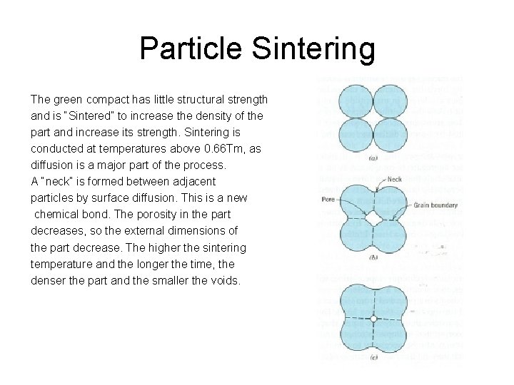 Particle Sintering The green compact has little structural strength and is “Sintered” to increase