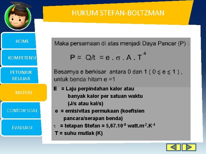 HUKUM STEFAN-BOLTZMAN HOME KOMPETENSI PETUNJUK BELAJAR MATERI CONTOH SOAL EVALUASI E = Laju perpindahan