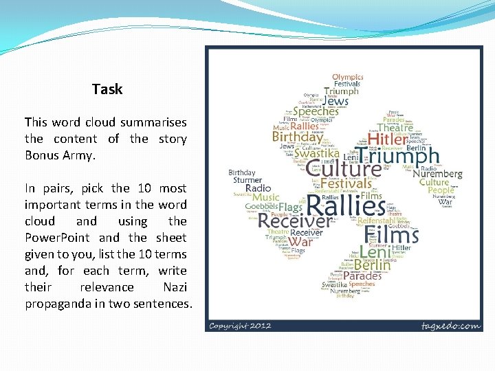 Task This word cloud summarises the content of the story Bonus Army. In pairs,