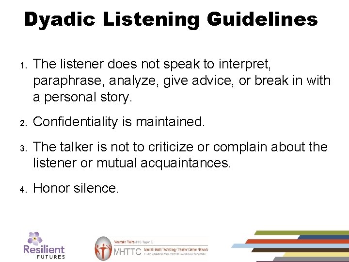 Dyadic Listening Guidelines 1. 2. 3. 4. The listener does not speak to interpret,