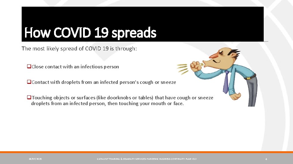 How COVID 19 spreads The most likely spread of COVID 19 is through: q.