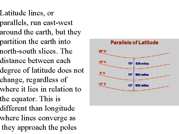 Latitude lines, or parallels, run east-west around the earth, but they partition the earth