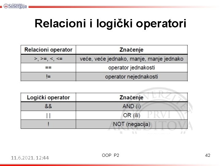 Relacioni i logički operatori 11. 6. 2021. 12: 44 OOP P 2 42 