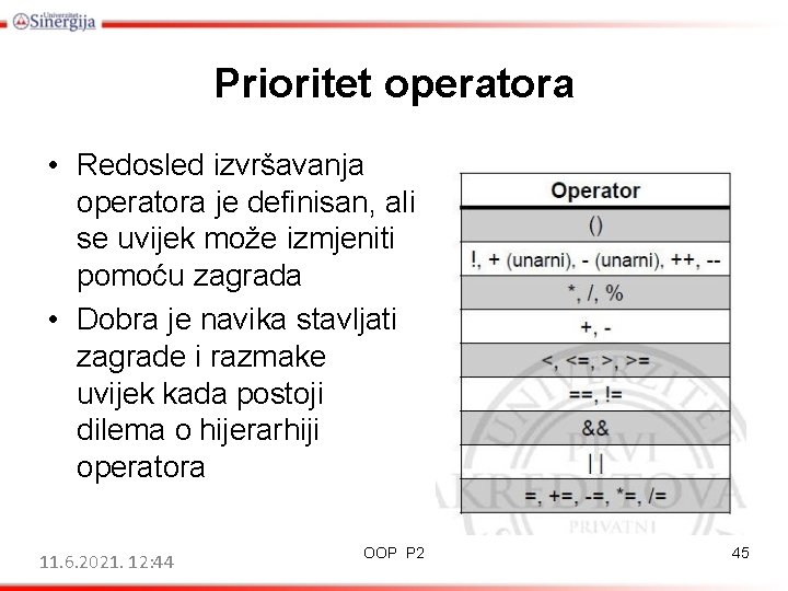 Prioritet operatora • Redosled izvršavanja operatora je definisan, ali se uvijek može izmjeniti pomoću