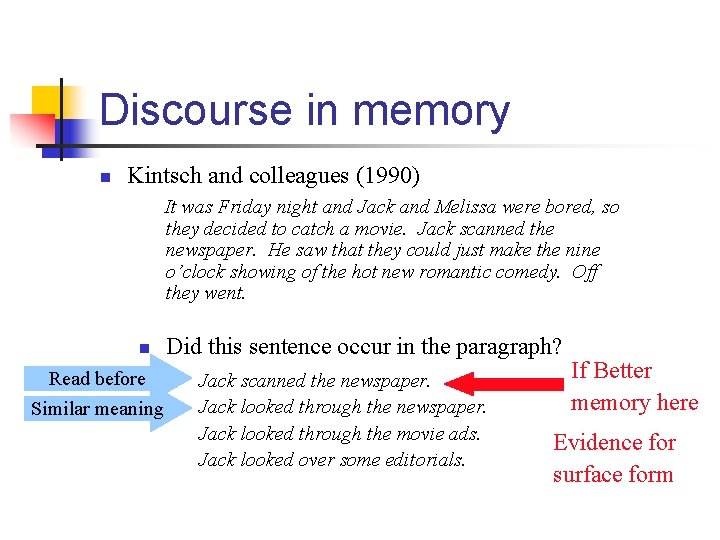 Discourse in memory n Kintsch and colleagues (1990) It was Friday night and Jack