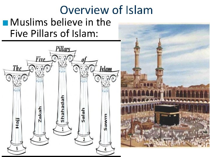 Overview of Islam ■ Muslims believe in the Five Pillars of Islam: –Faith: belief