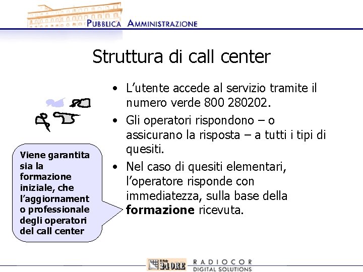 Struttura di call center Viene garantita sia la formazione iniziale, che l’aggiornament o professionale