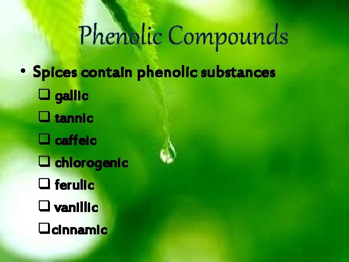 Phenolic Compounds • Spices contain phenolic substances q gallic q tannic q caffeic q