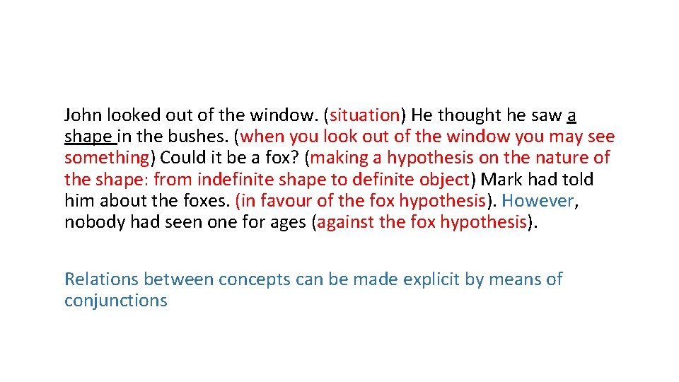 John looked out of the window. (situation) He thought he saw a shape in