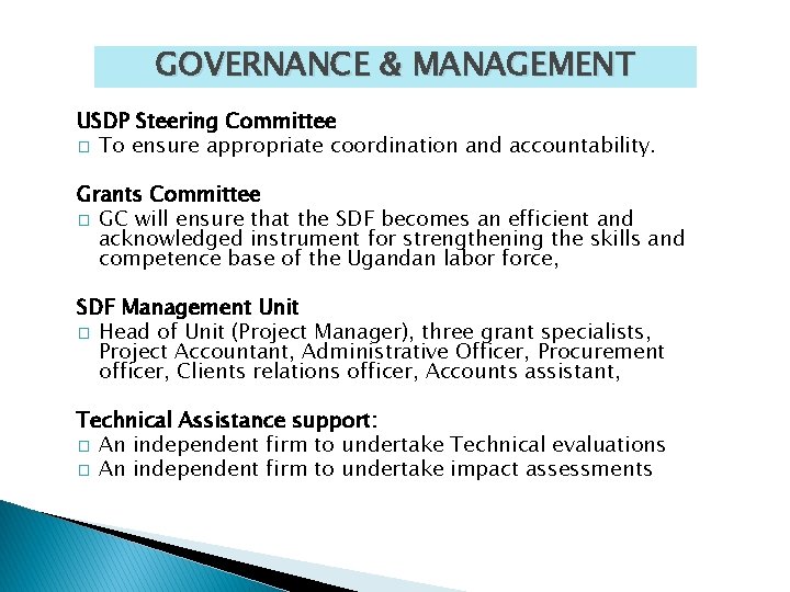 GOVERNANCE & MANAGEMENT USDP Steering Committee � To ensure appropriate coordination and accountability. Grants