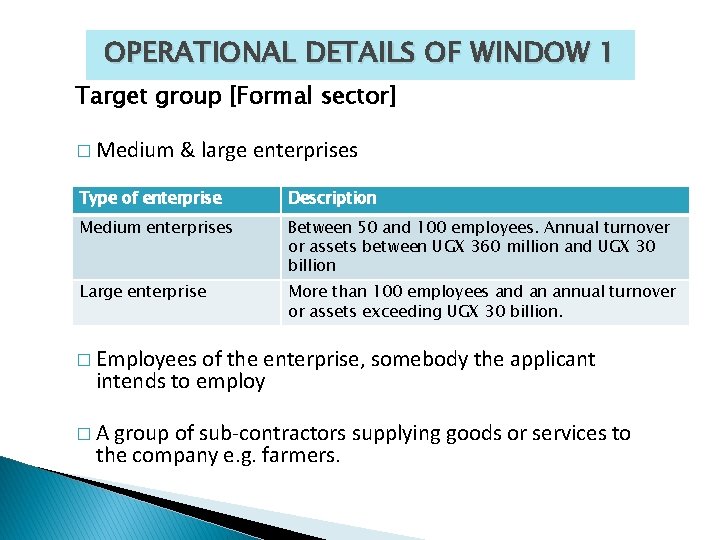 OPERATIONAL DETAILS OF WINDOW 1 Target group [Formal sector] � Medium & large enterprises