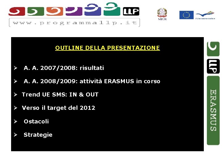 OUTLINE DELLA PRESENTAZIONE Ø A. A. 2007/2008: risultati Ø A. A. 2008/2009: attività ERASMUS