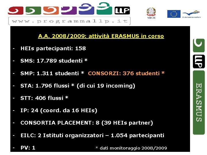 A. A. 2008/2009: attività ERASMUS in corso - HEIs partecipanti: 158 - SMS: 17.