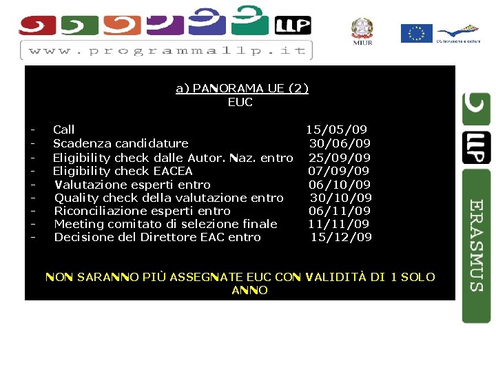 a) PANORAMA UE (2) EUC - Call Scadenza candidature Eligibility check dalle Autor. Naz.