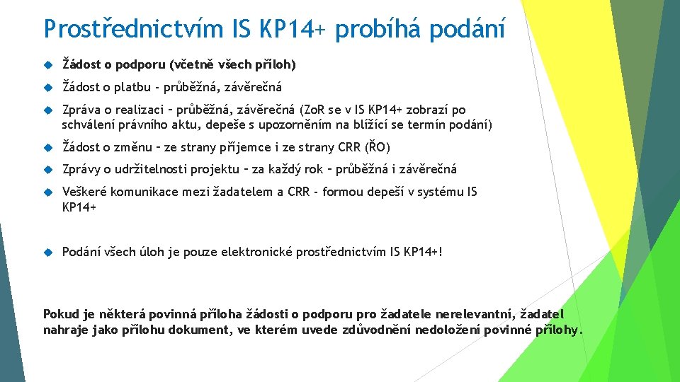 Prostřednictvím IS KP 14+ probíhá podání Žádost o podporu (včetně všech příloh) Žádost o