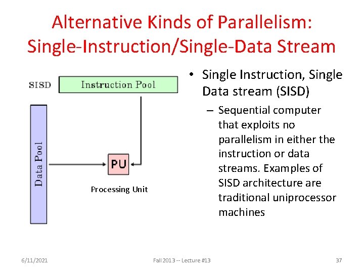 Alternative Kinds of Parallelism: Single-Instruction/Single-Data Stream • Single Instruction, Single Data stream (SISD) Processing