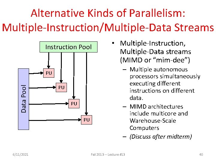 Alternative Kinds of Parallelism: Multiple-Instruction/Multiple-Data Streams Instruction Pool Data Pool PU PU 6/11/2021 •