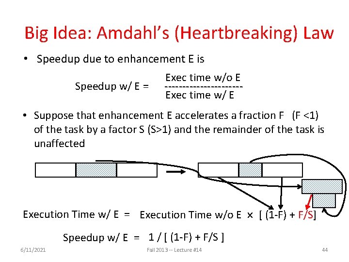 Big Idea: Amdahl’s (Heartbreaking) Law • Speedup due to enhancement E is Speedup w/