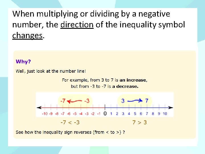 When multiplying or dividing by a negative number, the direction of the inequality symbol