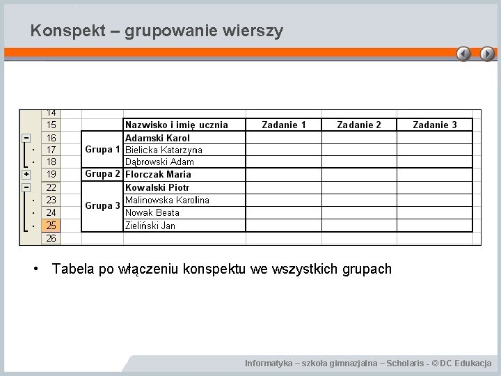 Konspekt – grupowanie wierszy • Tabela po włączeniu konspektu we wszystkich grupach Informatyka –