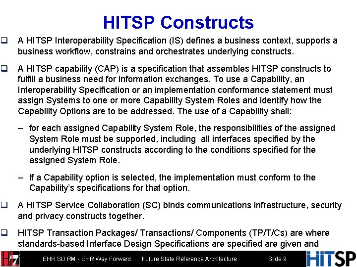 HITSP Constructs q A HITSP Interoperability Specification (IS) defines a business context, supports a