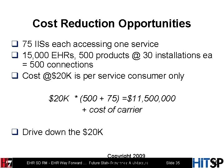 Cost Reduction Opportunities q 75 IISs each accessing one service q 15, 000 EHRs,